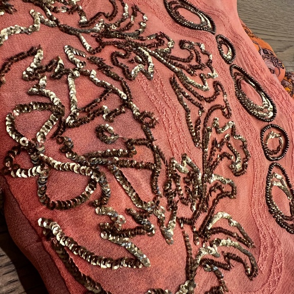 Elegant {Anthro} Beaded <Ignacia> Blouse | Sheer Pink Orange Sequin Top | Small - Picture 5 of 16